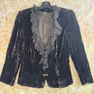 Elie Tahari Brown Crushed Velvet Silk Ruffle Blazer Ornate Brass Hook Closures